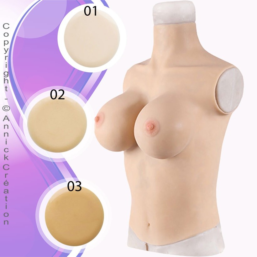 Buste long faux seins silicone, col haut, taille G