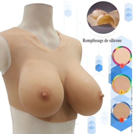 Buste faux seins 100% silicone encolure ronde, bonnet D