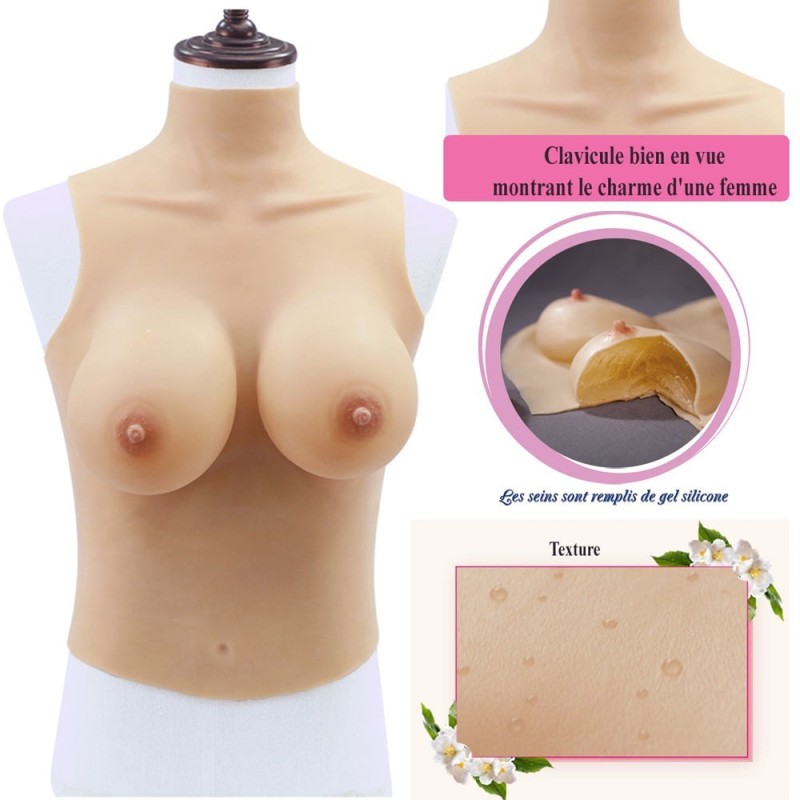 Buste long faux seins 100% silicone col haut, bonnet C-D