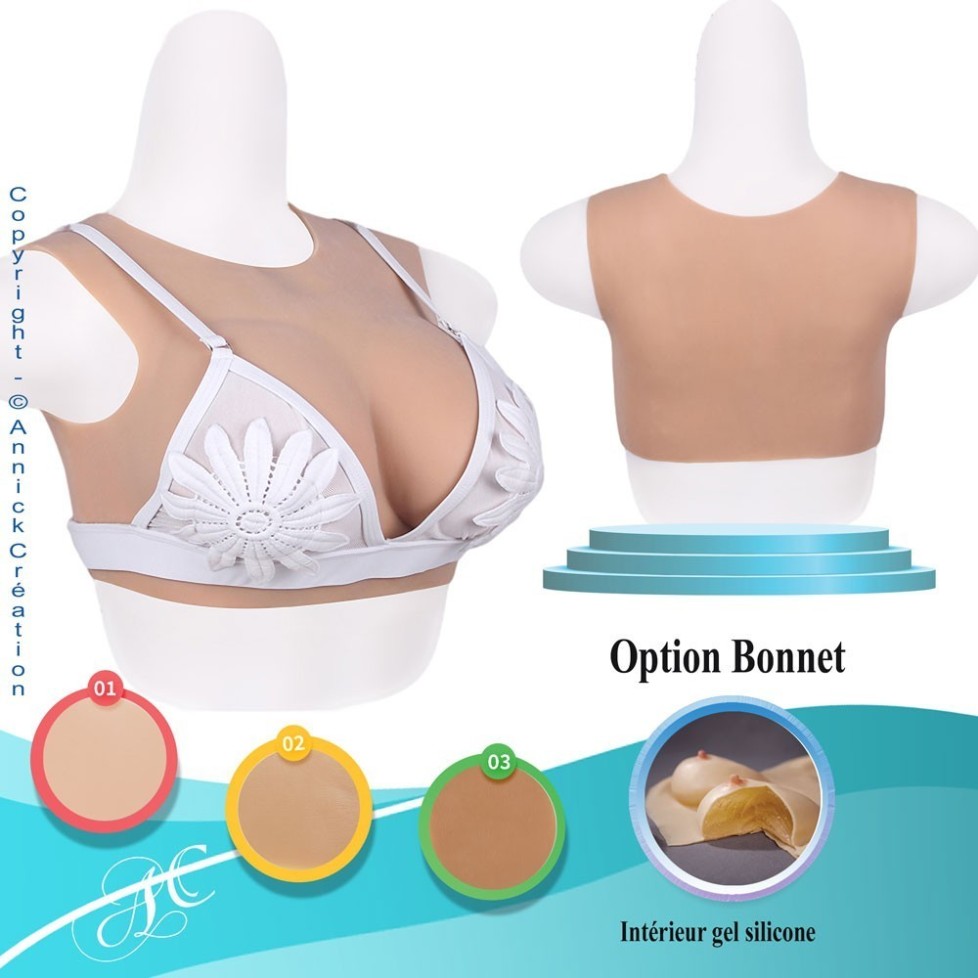 Buste faux seins, encolure ronde, 100% silicone Buste faux seins, encolure ronde, 100% silicone
