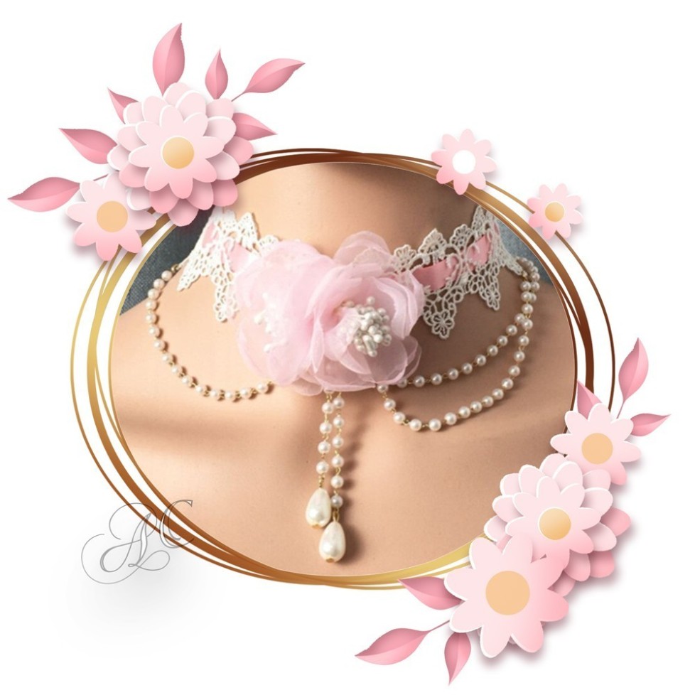 Collier ras du cou dentelle et perles, avec une rose Collier ras du cou dentelle et perles, avec une rose