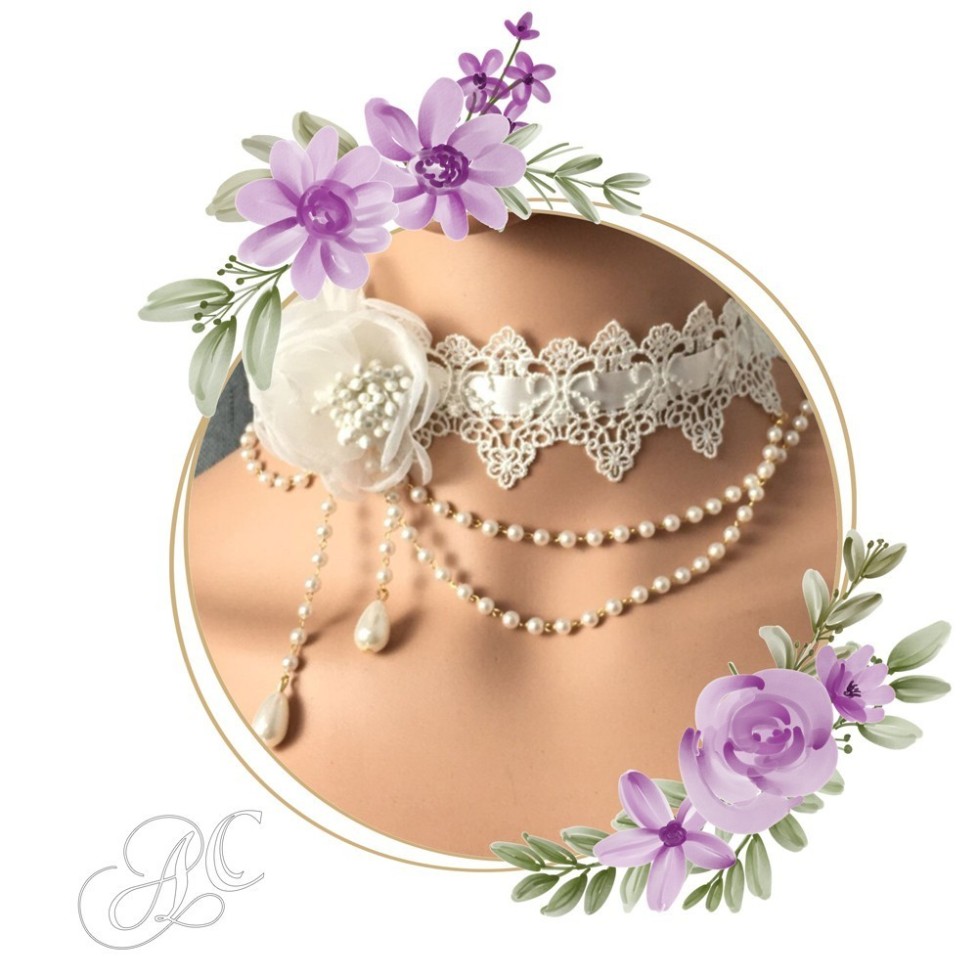 Collier ras du cou dentelle et perles, avec une rose Collier ras du cou dentelle et perles, avec une rose