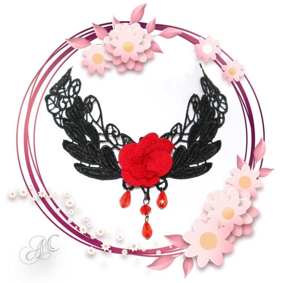 Collier gothique dentelle strass et rose Collier gothique dentelle strass et rose