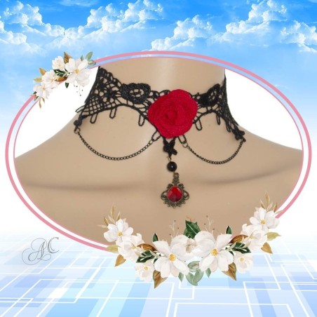 Collier ras du cou en dentelle, strass et rose rouge