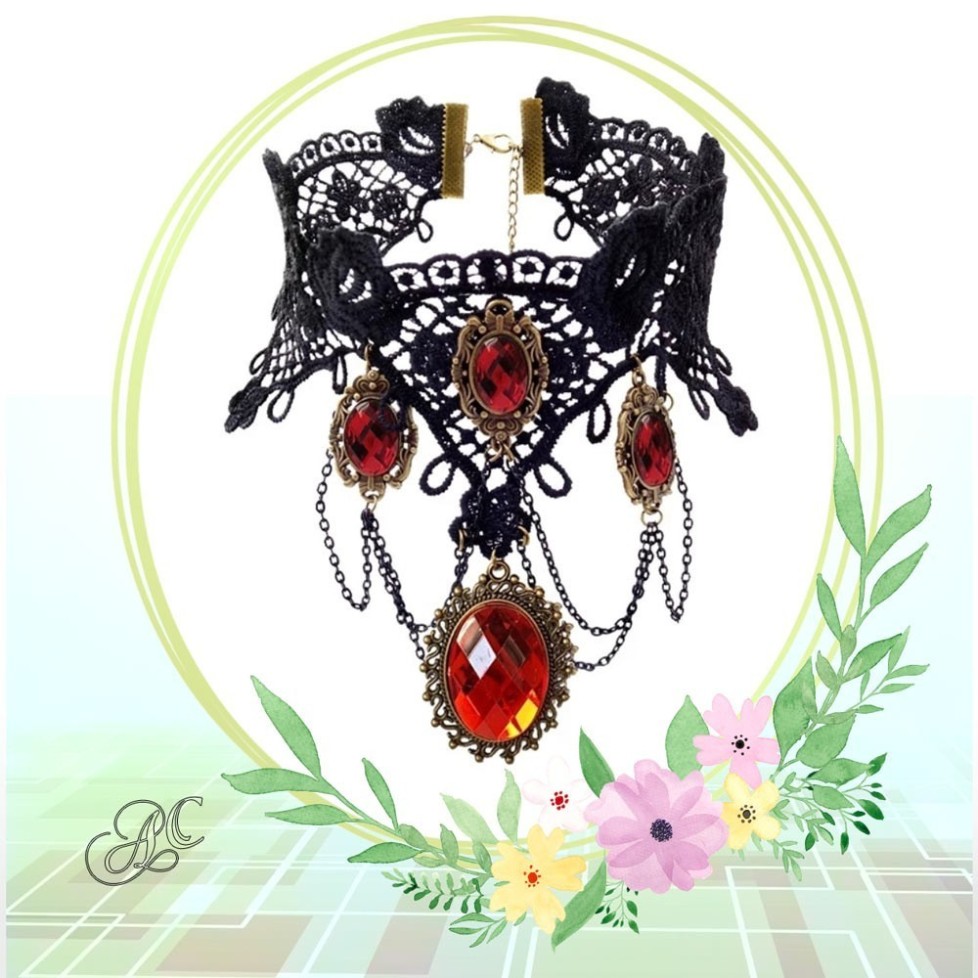 Ras de cou gothique dentelle et strass rouge Ras de cou gothique dentelle et strass rouge