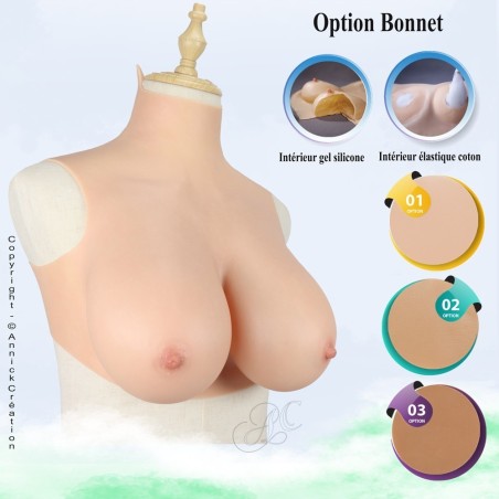 Buste faux seins, 100% silicone, col haut, Bonnet B-C-D-E