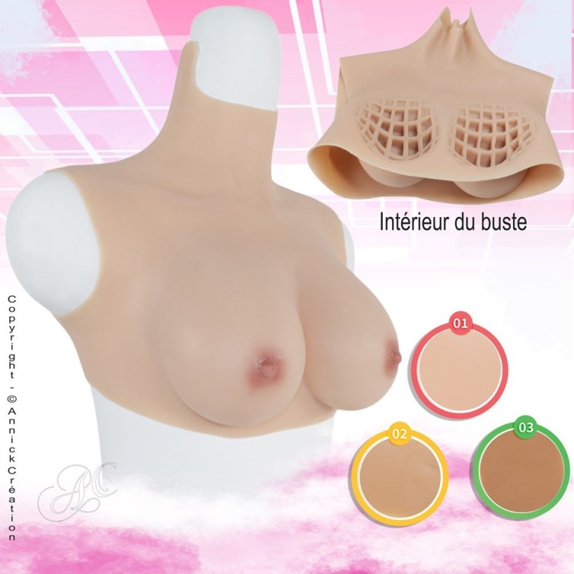 Buste faux seins, col haut, Bonnet C Taille Buste:BONNET-C  Option Bonnet:Intérieur gel silicone