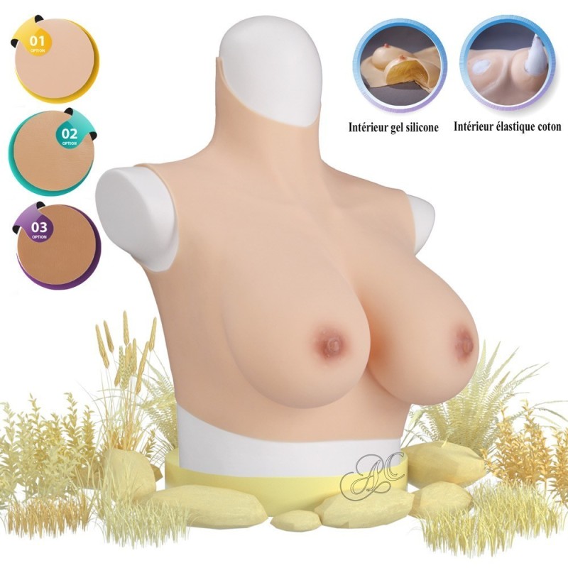 Buste faux seins  silicone, col haut, bonnet E