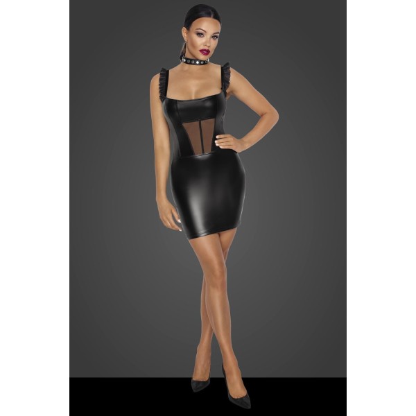 Robe courte wetlook et tulle F257 Noir HandMade