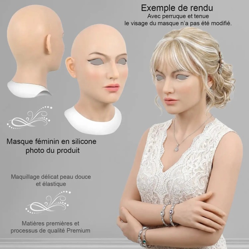 Masque tête pleine en silicone, un visage femme réaliste