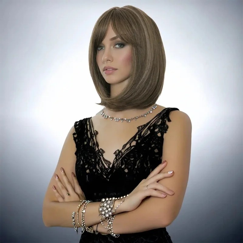 Perruque carré châtain mi-long avec frange