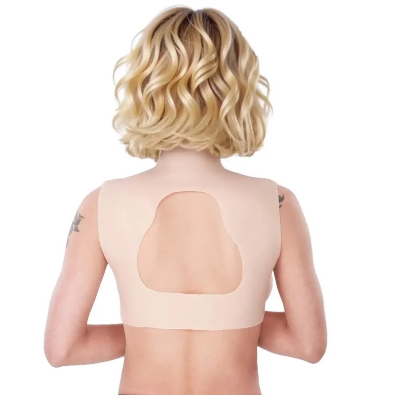 Buste faux seins en silicone, col haut et dos ouvert