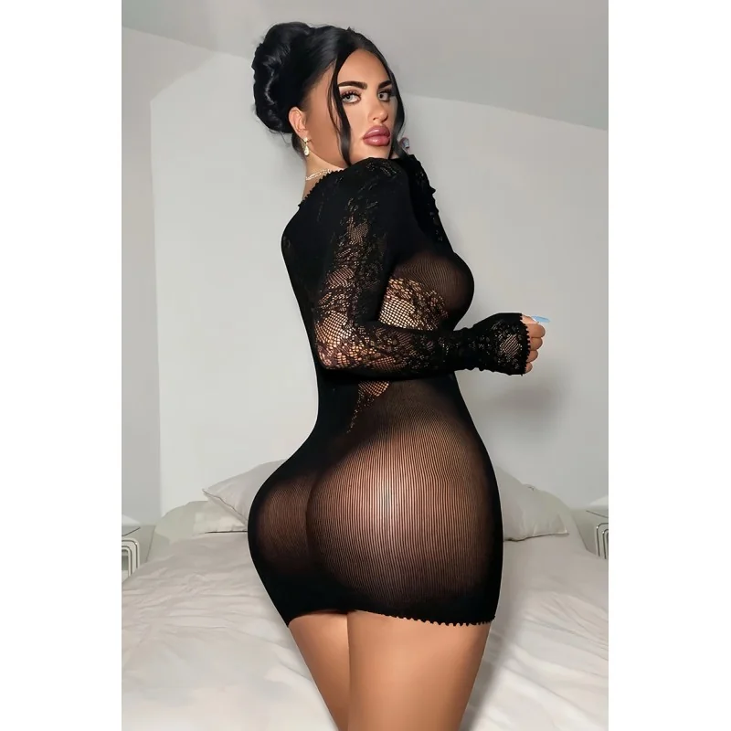 Robe résille noire décolletée à manches longues - J Lingerie J Lingerie