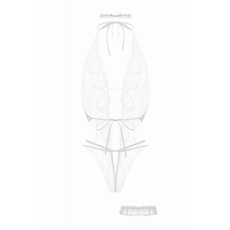Body ouvert Renée Blanc en dentelle avec collier & jarretière – Christine