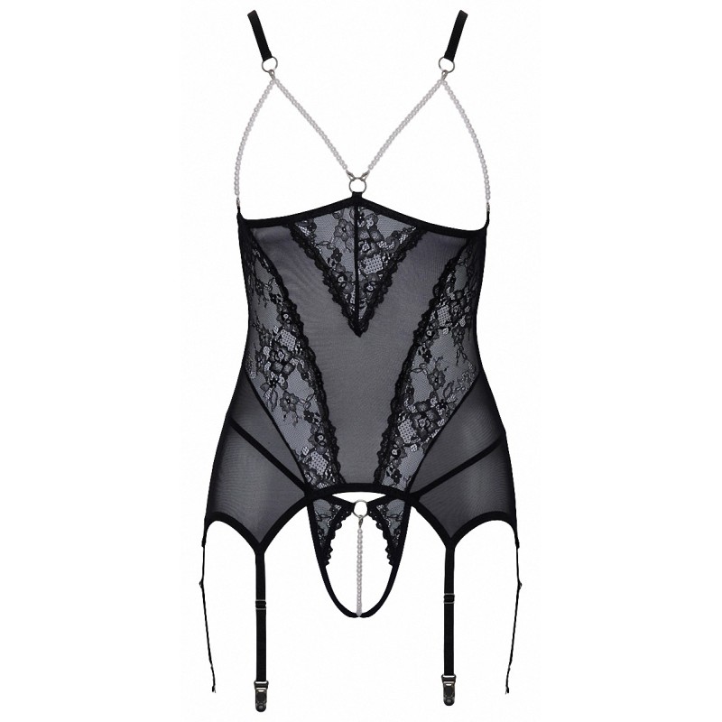 Guêpière seins nus résille & perles + string ouvert - Cottelli