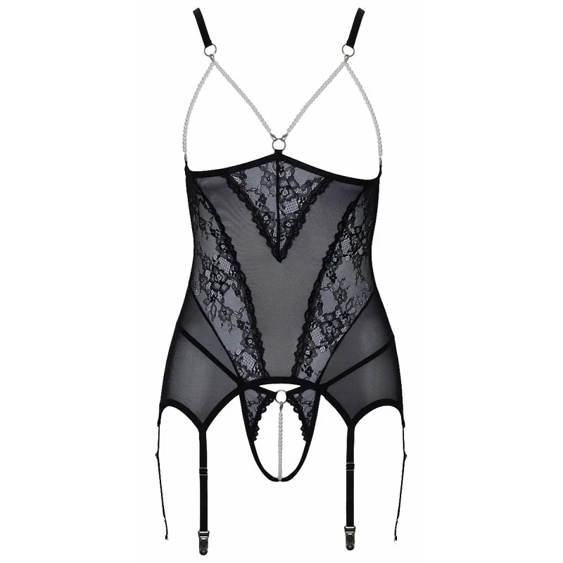 Guêpière seins nus et string ouvert résille et perles - Cottelli Lingerie Cotelli Lingerie