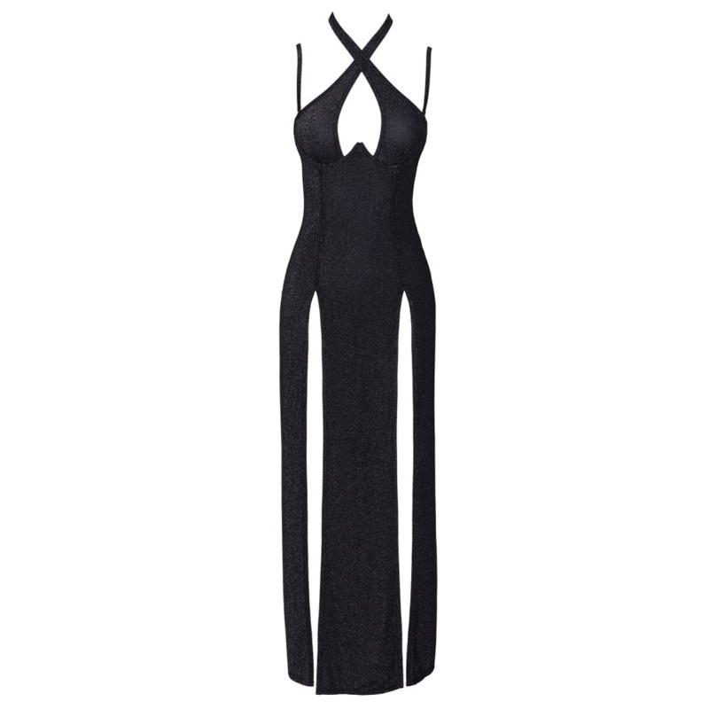 Robe Longue Décolleté Plongeant Noire Argentée - Cottelli PARTY