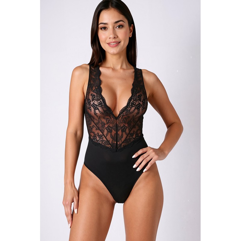 Body noir Evalie Passion - Dentelle & Microfibre | Fauxseins.fr