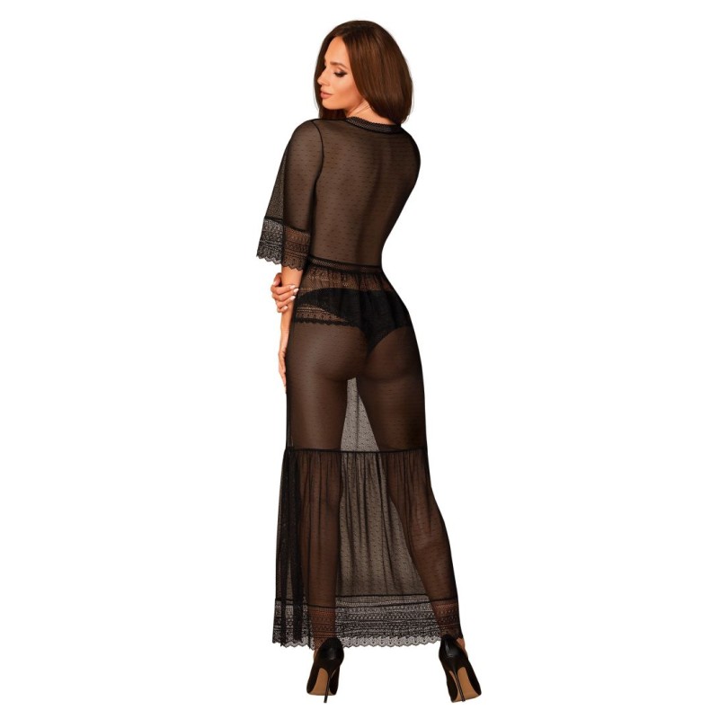 Peignoir long Estiqua noir translucide dentelle | Fauxseins.fr