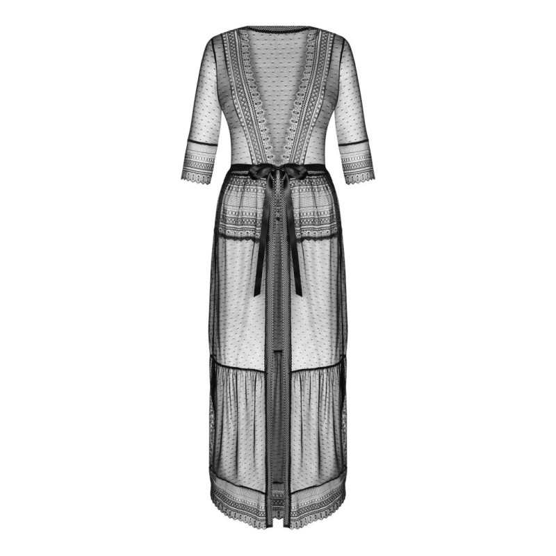 Peignoir long Estiqua noir translucide dentelle | Fauxseins.fr