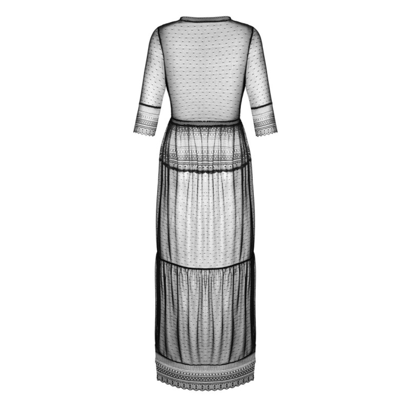 Peignoir long Estiqua noir translucide dentelle | Fauxseins.fr