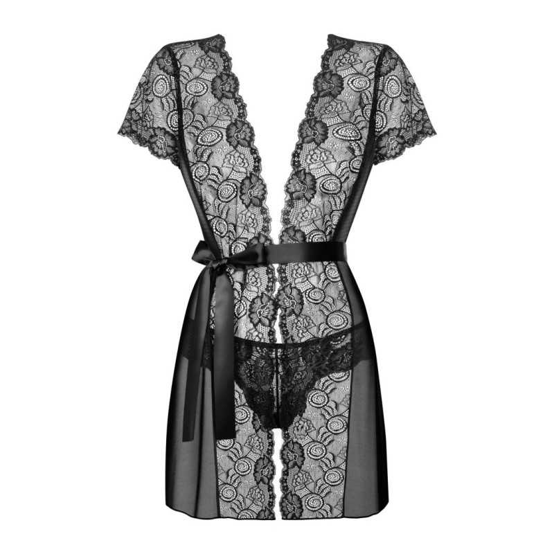 Alluria Peignoir Noir - Déshabillé Dentelle Transparent | Fauxseins.fr