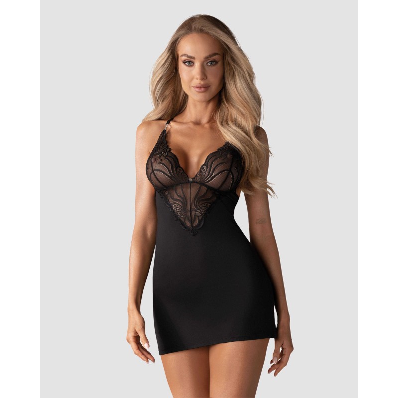 828-CHE-1 Nuisette et String - Noir Obsessive