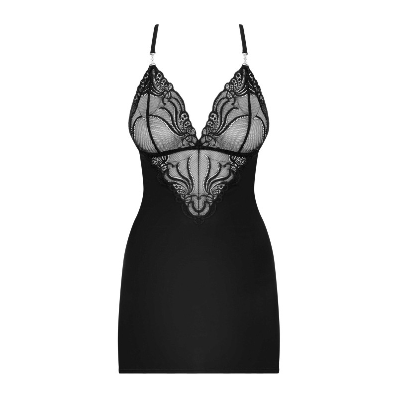 828-CHE-1 Nuisette et String - Noir Obsessive