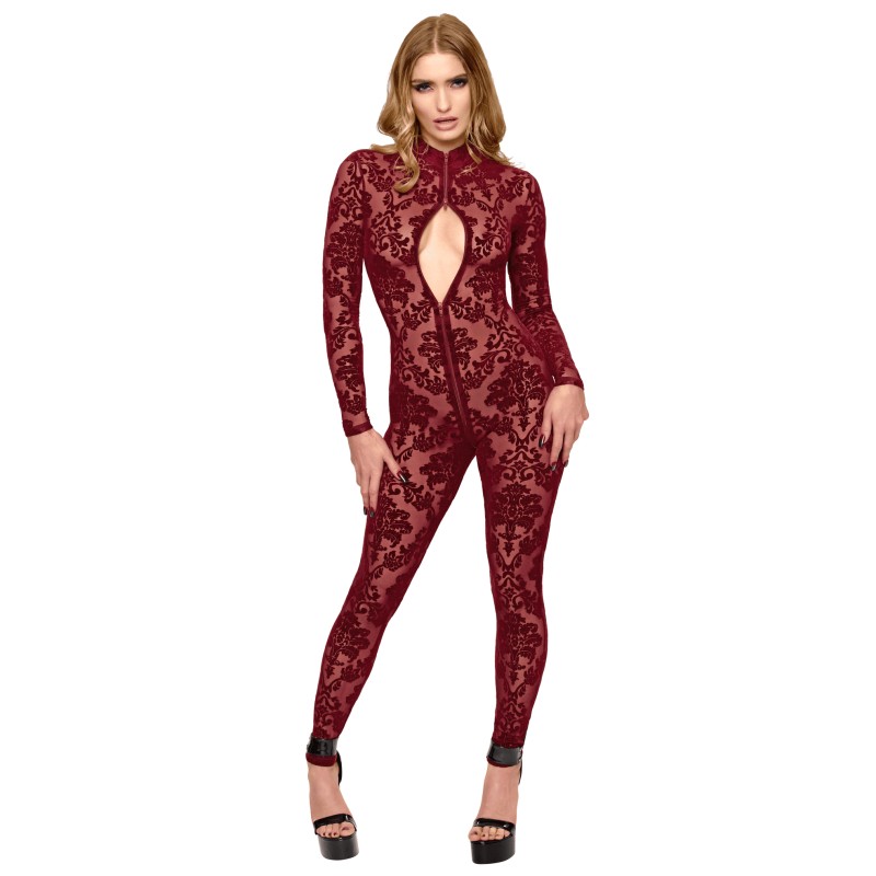 F421 Masquerade Bodystocking avec Zip Trois Voies Noir HandMade