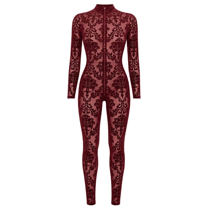 F421 Masquerade Bodystocking avec Zip Trois Voies Noir HandMade