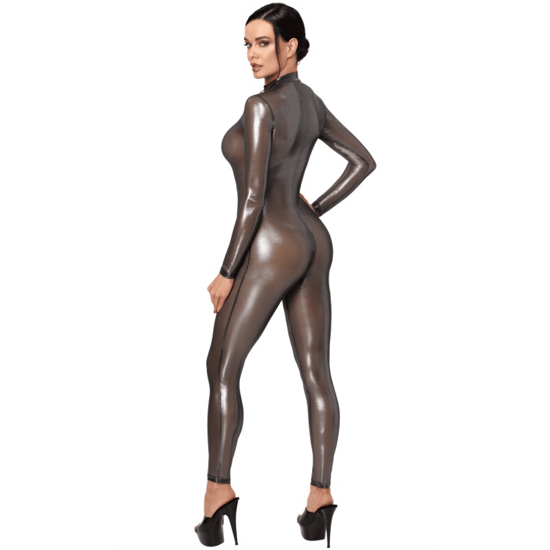 F429 Moondust Bodystocking avec Zip Trois Voies Noir HandMade