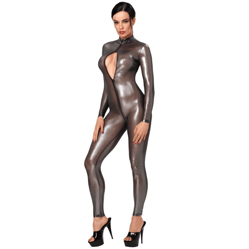 F429 Moondust Bodystocking avec Zip Trois Voies Noir HandMade