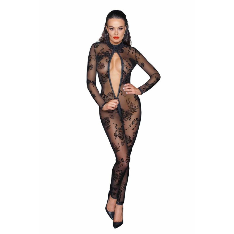 F237 Combinaison longue en tulle avec fermeture éclair à 3 voies Noir HandMade